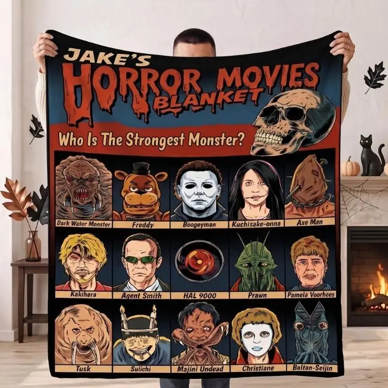 Personalized Halloween Villains Blanket, Custom Name Horror Movie Blanket, Who Is The Strongest Monster Design, Soft Flannel Throw for Couch Bed Sofa, Gift For Him Spooky Movie Night Bedding