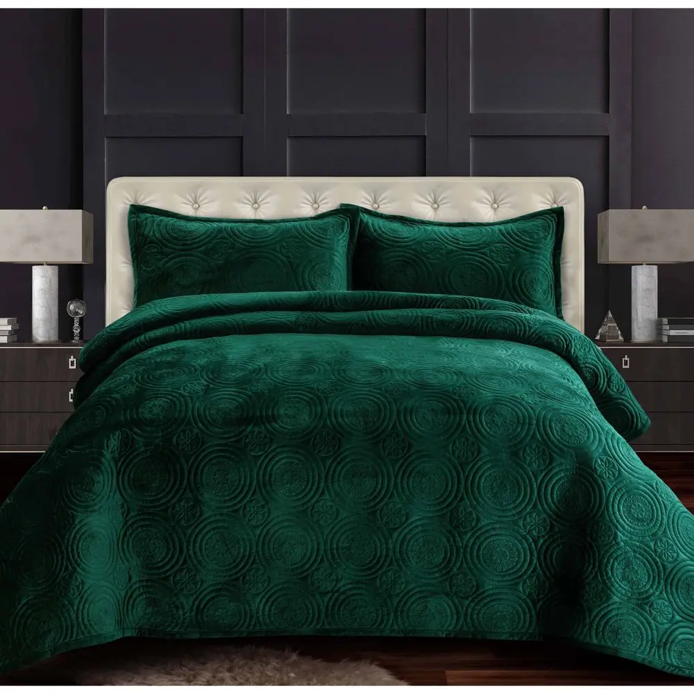 2pc Twin Capri Medallion Velvet Oversized Solid Quilt Set Emerald Green - Tribeca Living