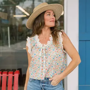 SUNSHINE TIENDA COASTAL DAISIES BIRDIE TOP CREAM