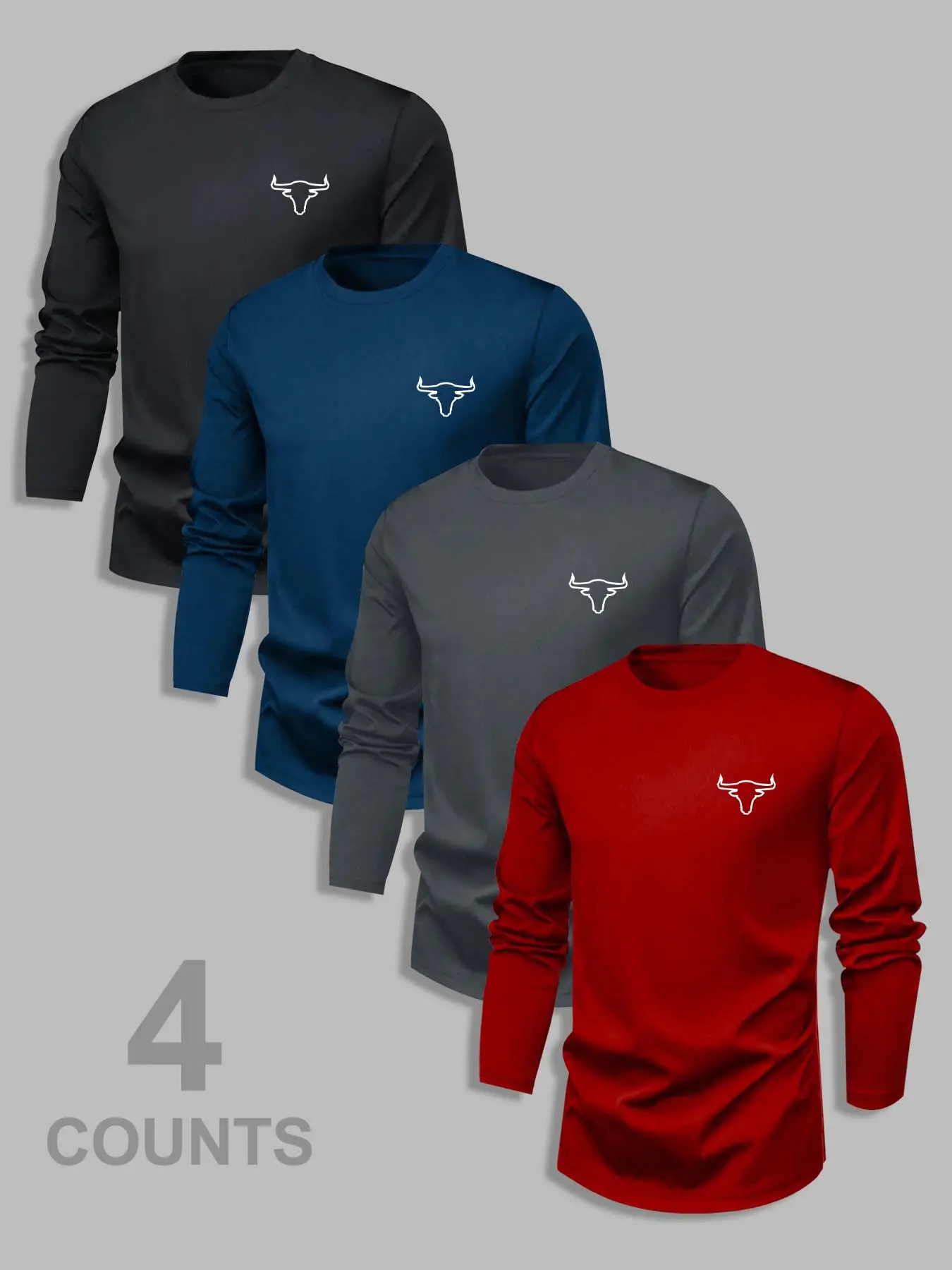 Men's Classic 4-Piece Set, Cow Print Graphic Bull Casual Style Tee Crewneck Long Sleeve T-Shirts, Fitted Moderate Fabric, Spring & Fall Basic Tops, Menswear Streetwear