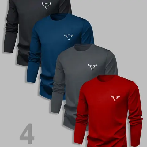 Men's Classic 4-Piece Set, Cow Print Graphic Bull Casual Style Tee Crewneck Long Sleeve T-Shirts, Fitted Moderate Fabric, Spring & Fall Basic Tops, Menswear Streetwear
