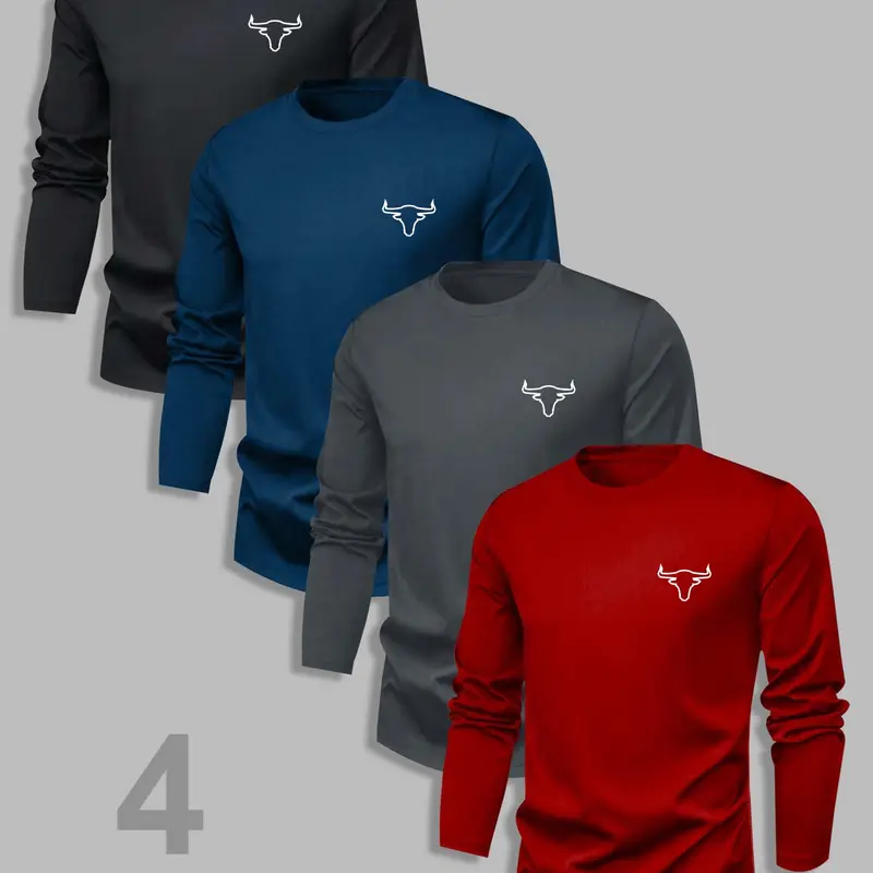 Men's Classic 4-Piece Set, Cow Print Graphic Bull Casual Style Tee Crewneck Long Sleeve T-Shirts, Fitted Moderate Fabric, Spring & Fall Basic Tops, Menswear Streetwear