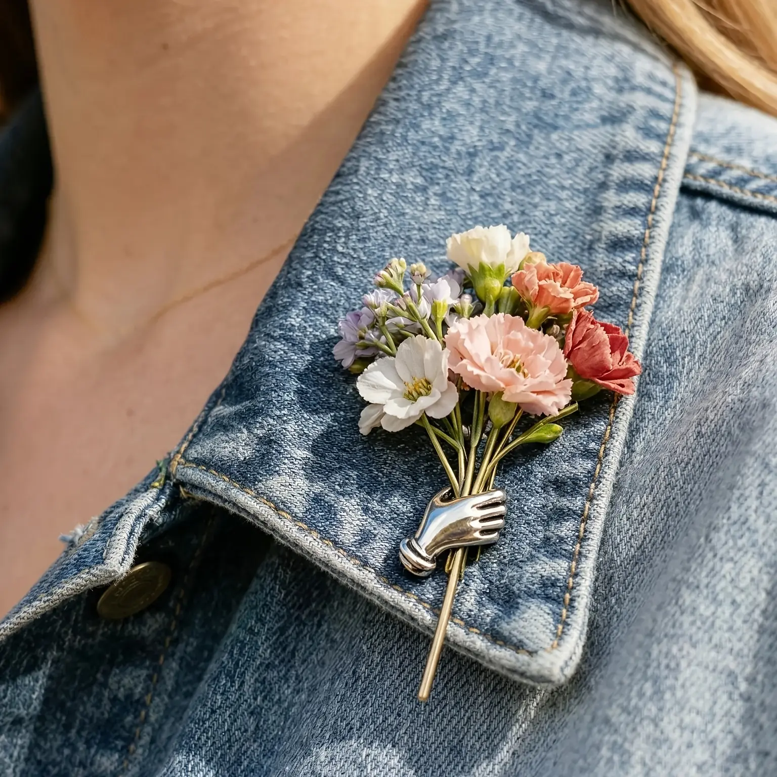 Vintage Metal Hand-Shaped Flower Bouquet Brooch Charm - French Retro Elegant DIY Fashion Pin for Suits, Coats, No Battery Needed Specialty DIY Accessory (Flowers Not Included)