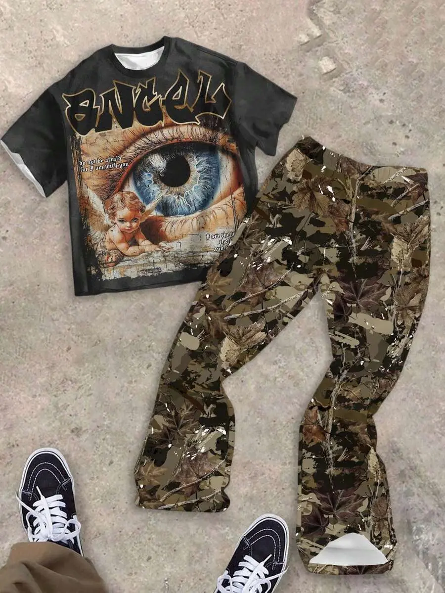 2pcs/Set Tween Boy Crew Neck T-Shirt And Flare Pants, Casual Summer Outfit With Classic Cool Street Graphic Print, Y2K Style