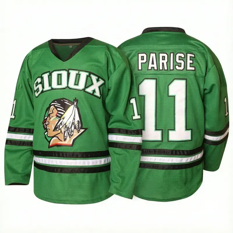 Men's #11 Zach Parise Fighting Sioux Hockey Jersey – Green Polyester Mesh, Quick-Dry & Micro-Elastic. Retro 90s Activewear for All Seasons. Halloween Ready.