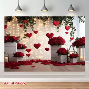1PC,2D Flat Valentine's Day Romantic Love Rose Backdrop, Wedding Proposal Party Decoration Hanging Cloth, Indoor Scene Layout Photography Background Curtain, Red Rose Petals Heart - shaped String L