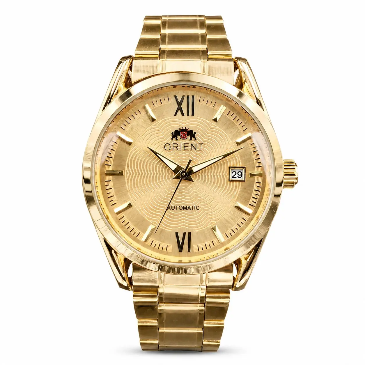 Orient Full Gold Automatic Mechanical Men's Watch - Gold Stainless Steel Strap, Textured Golden Dial with Roman Numerals & Date Window, Self-Winding Waterproof Business Dress Watch, Luxury Timepiece, Ideal Birthday Gift for Gentlemen