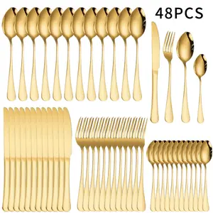 4/48 piece tableware set, high-quality stainless steel tableware set, including knives, forks, spoons, home kitchen tableware, restaurant tableware, dishwasher clean (silver), suitable for Christmas and weddings Utensils Dinnerware