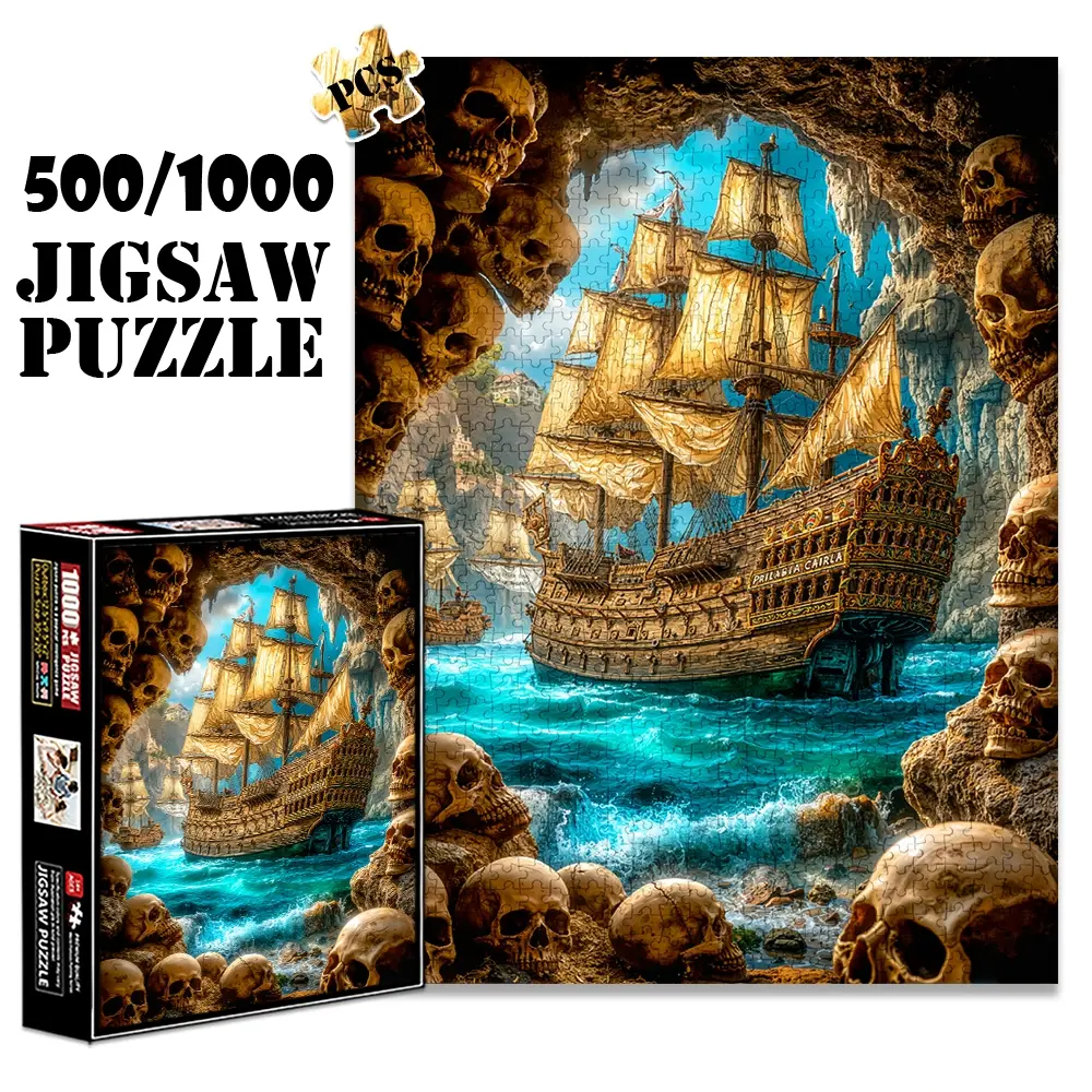 1pc 1000 piece adult puzzle 70x50cm Pirate Ship in Cave Surrounded by Skulls500 pieces of paper jigsaw puzzle, suitable for adults and families, large-scale DIY puzzle interactive toy games, birthd