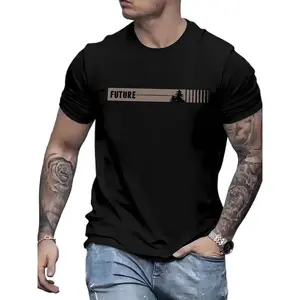 MEN'S casual crew neck T-shirt with "future" print, short sleeve, knit fabric, 95% polyester 5% spandex, slight stretch, regular fit, summer top-Black