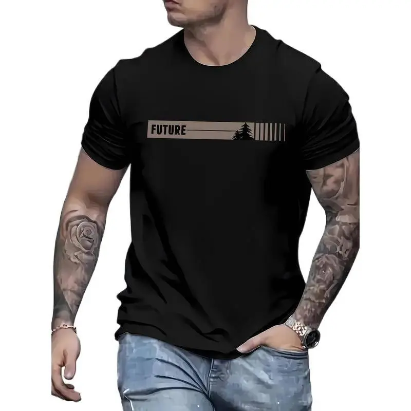 MEN'S casual crew neck T-shirt with "future" print, short sleeve, knit fabric, 95% polyester 5% spandex, slight stretch, regular fit, summer top-Black