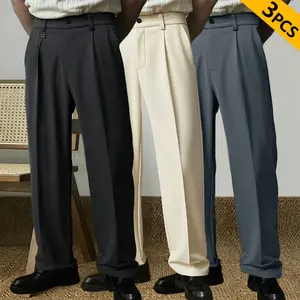 3-Pack – Men’s classic straight-leg casual pants, solid color with pockets, business-style dress trousers, retro Japanese style, regular fit, polyester fabric, suitable for everyday wear and commuting to work
