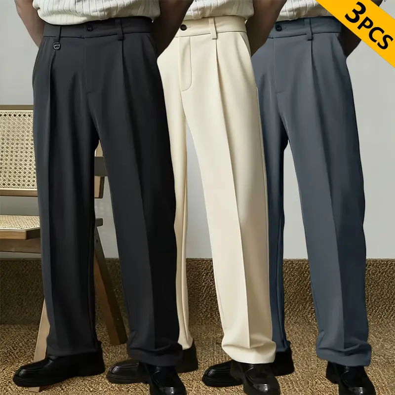 3-pack — Men’s classic straight-leg casual pants, solid color with pockets, business-style dress trousers, retro Japanese style, polyester fabric, suitable for everyday wear and commuting to work. Order one size up.