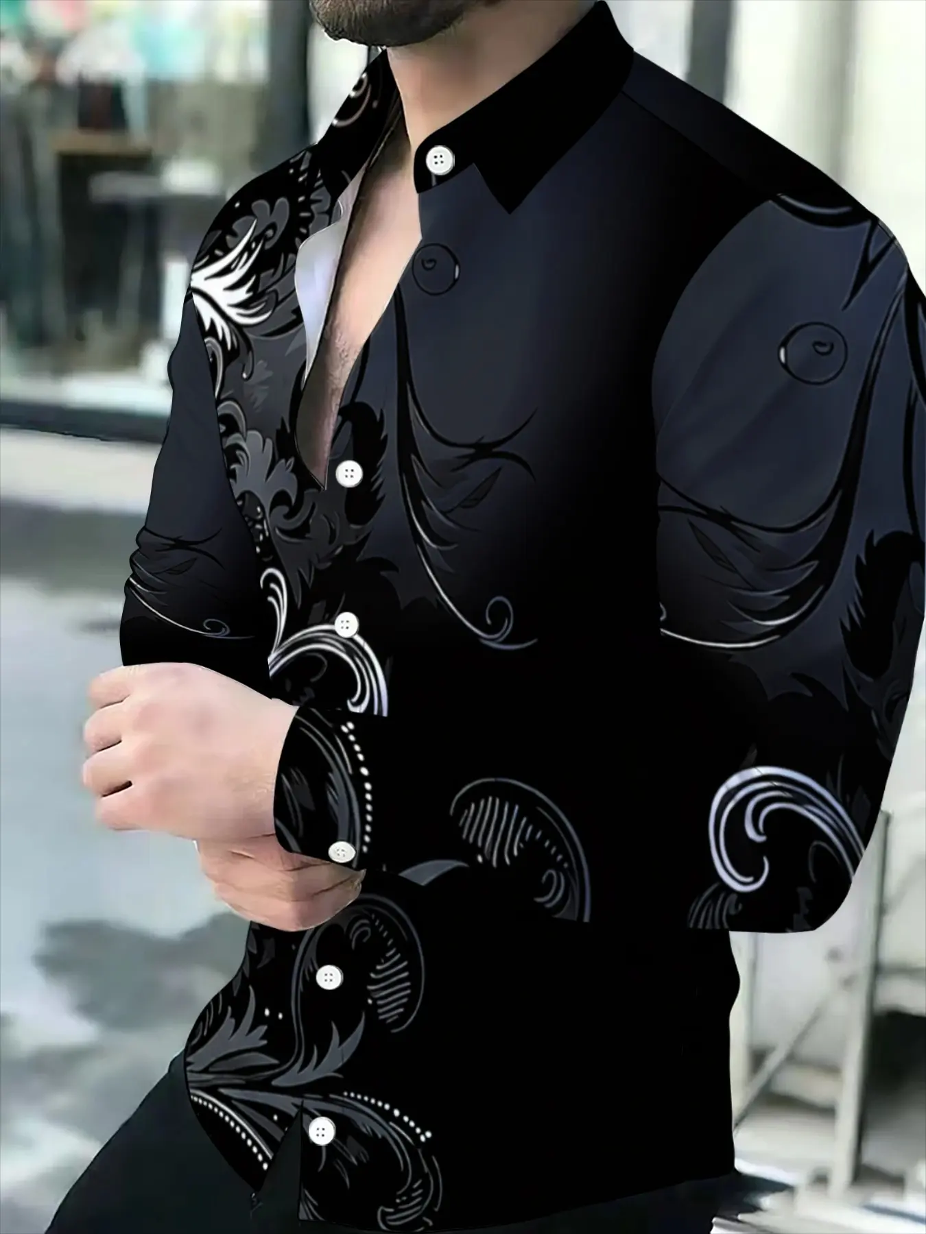 Men's Long Sleeve Casual Printed Shirt with Black Pattern, Fashion Trendy Slim Fit, Business Casual Men's Top
