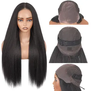 Glueless Yaki Straight Wigs Wear and Go with Drawstring Lace Front Synthetic Wig for Women Pre Plucked Pre Cut Yaki Straight Wig 180% Density 26Inch