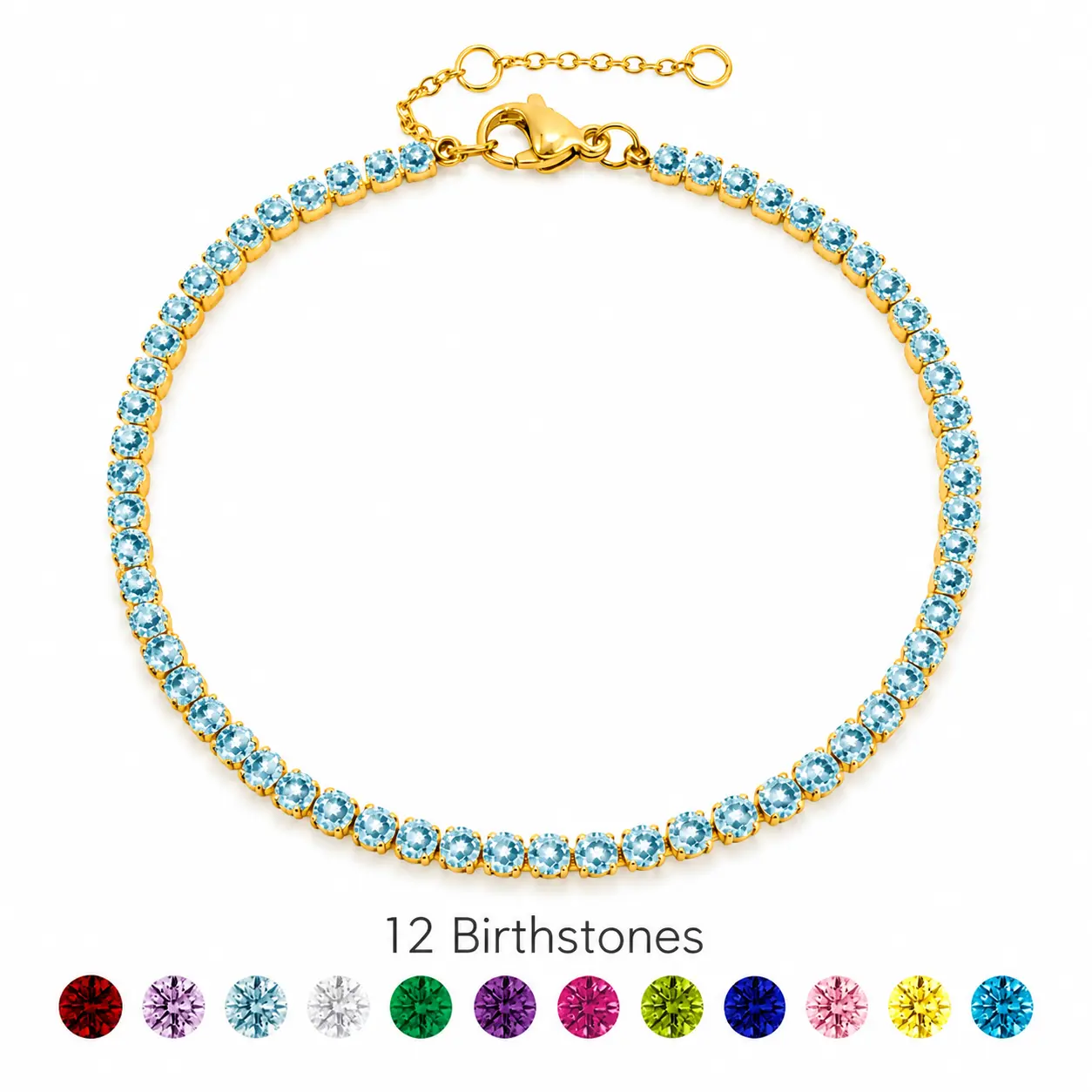 12 Month Birthstone Tennis Bracelet, 14K Gold Color Stainless Steel Crystal Bracelet, Adjustable Personalized Birthday Gift for Women