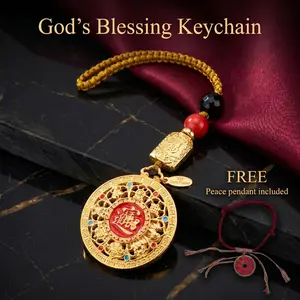 God’s Blessing Circular Pendant Keychain - Chain-Attached Decorative Chains Gender-Neutral Keychain, Chinese Feng Shui Phone Charm, Car Interior Ornament, Door Amulet for Wealth, Peace & Evil-Repellent Gifting, Chain-Attached Keychains, Decorative Chains
