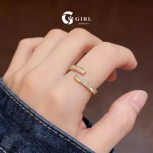 GGIRL 18K Gold Plated Open Shiny Geometric Ring - Inlaid Cubic Zirconia & Mother of Pearl, Women's Stackable Fashion Costume Jewelry Gift for Birthdays, Anniversaries