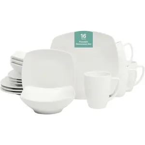 Porcelain Chip and Scratch Resistant Dinnerware Plates, Bowls, and Mugs Set, Service for 4 (16pcs), White (Square Dishes) Tableware Microwave Dishwasher Safe
