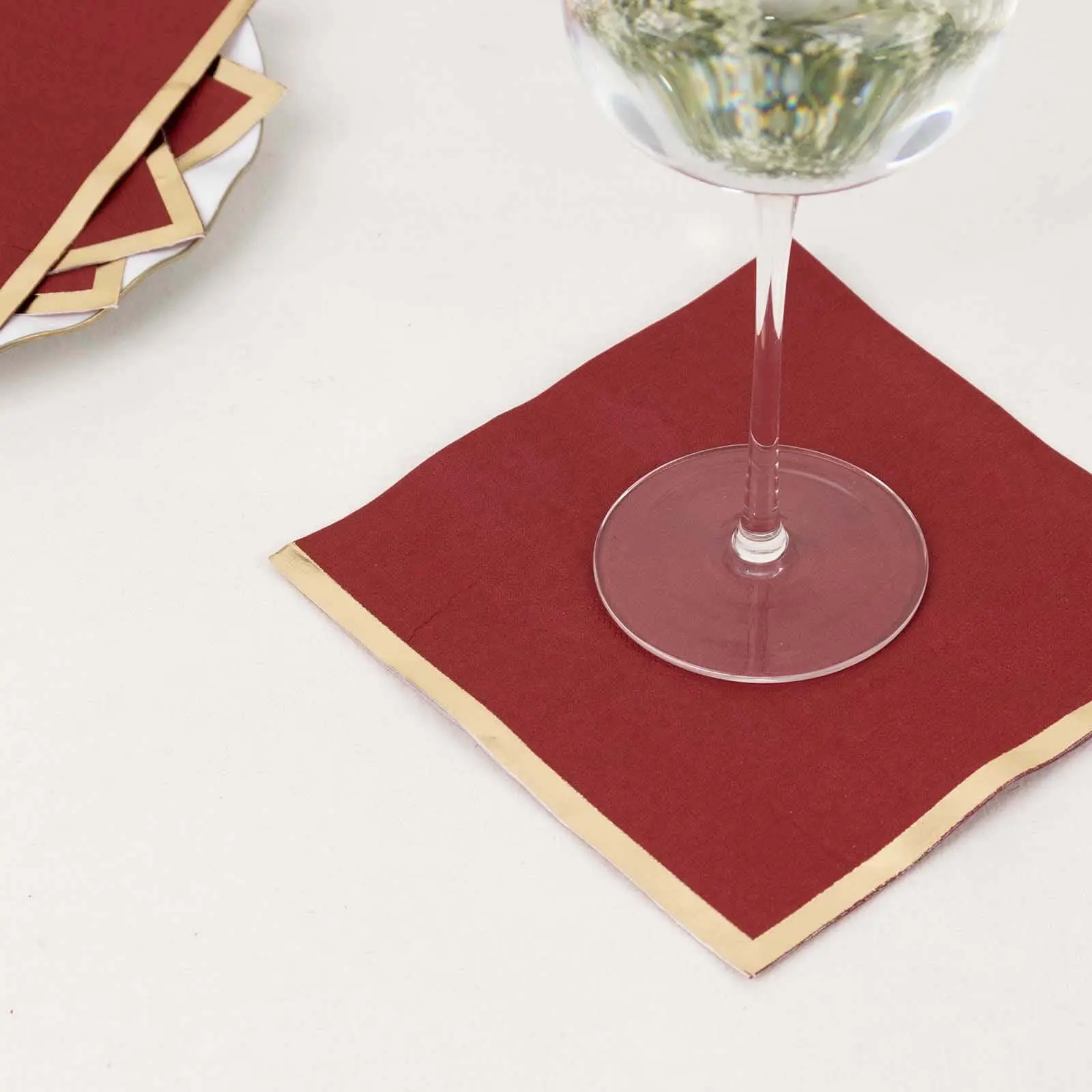 50-Pack Burgundy Paper Napkins with Gold Foil Edge - Disposable 2-Ply Cocktail Napkins, Party Supplies, 6.5"x6.5" for Events, Gold Napkins