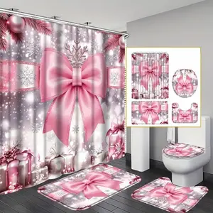 Christmas Bowknot and Flower Gift Design Shower Curtain Set, Non-Slip Mat, U-Shaped Rug, Toilet Lid Cover, Includes 12 Hooks, Shower Essentials