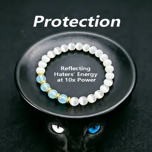White Cat's Eye Selenite & Aquamarine Crystal Bracelet with 14K Gold Filled Spacers, Natural Healing Gemstone Beaded Stretch Bracelet for Women Men, Calm & Balance Energy Jewelry