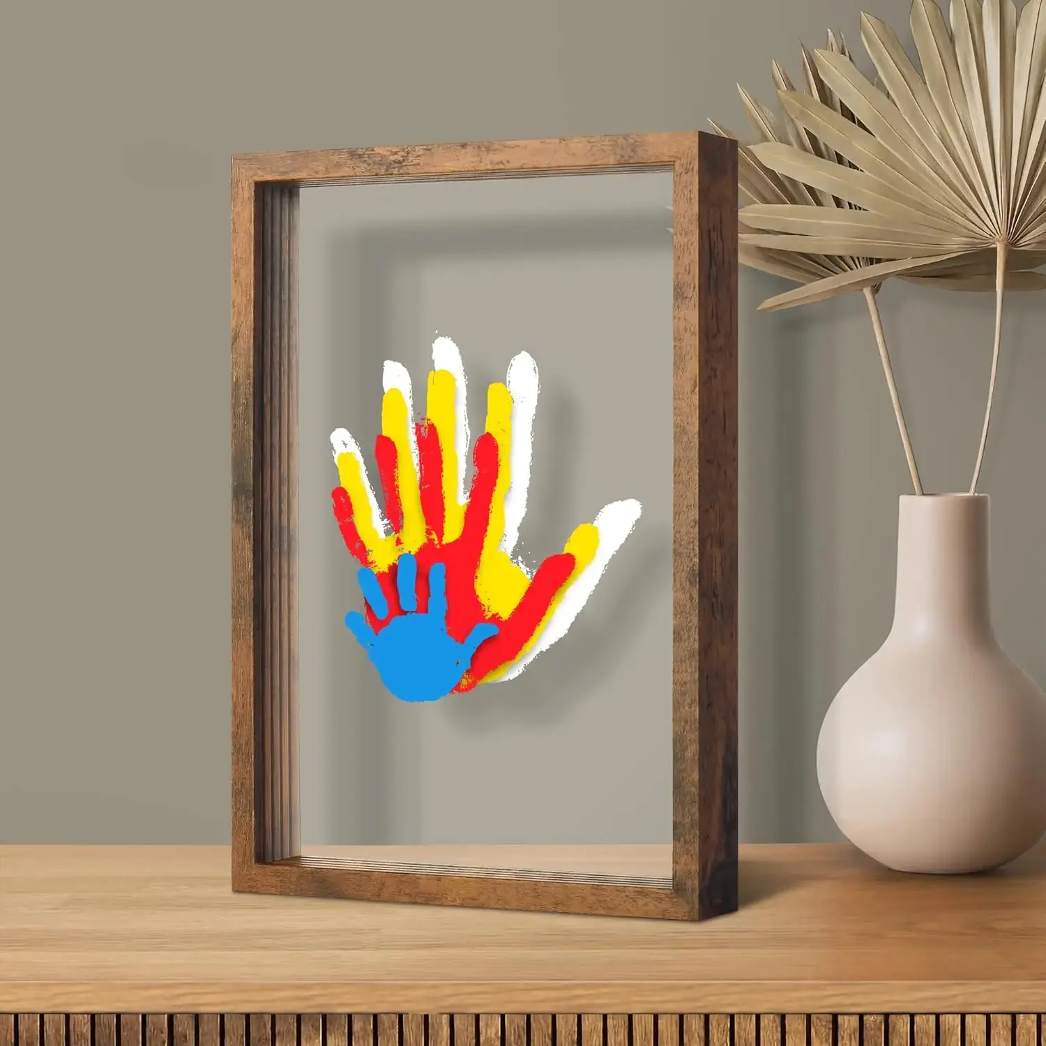 Rustic Vintage Wooden Transparent Handprint Frame Set, DIY Family Memorial Gift Kit with Acrylic Board, Colorful Paints, Holds Up to 4 Handprints, Home Decor