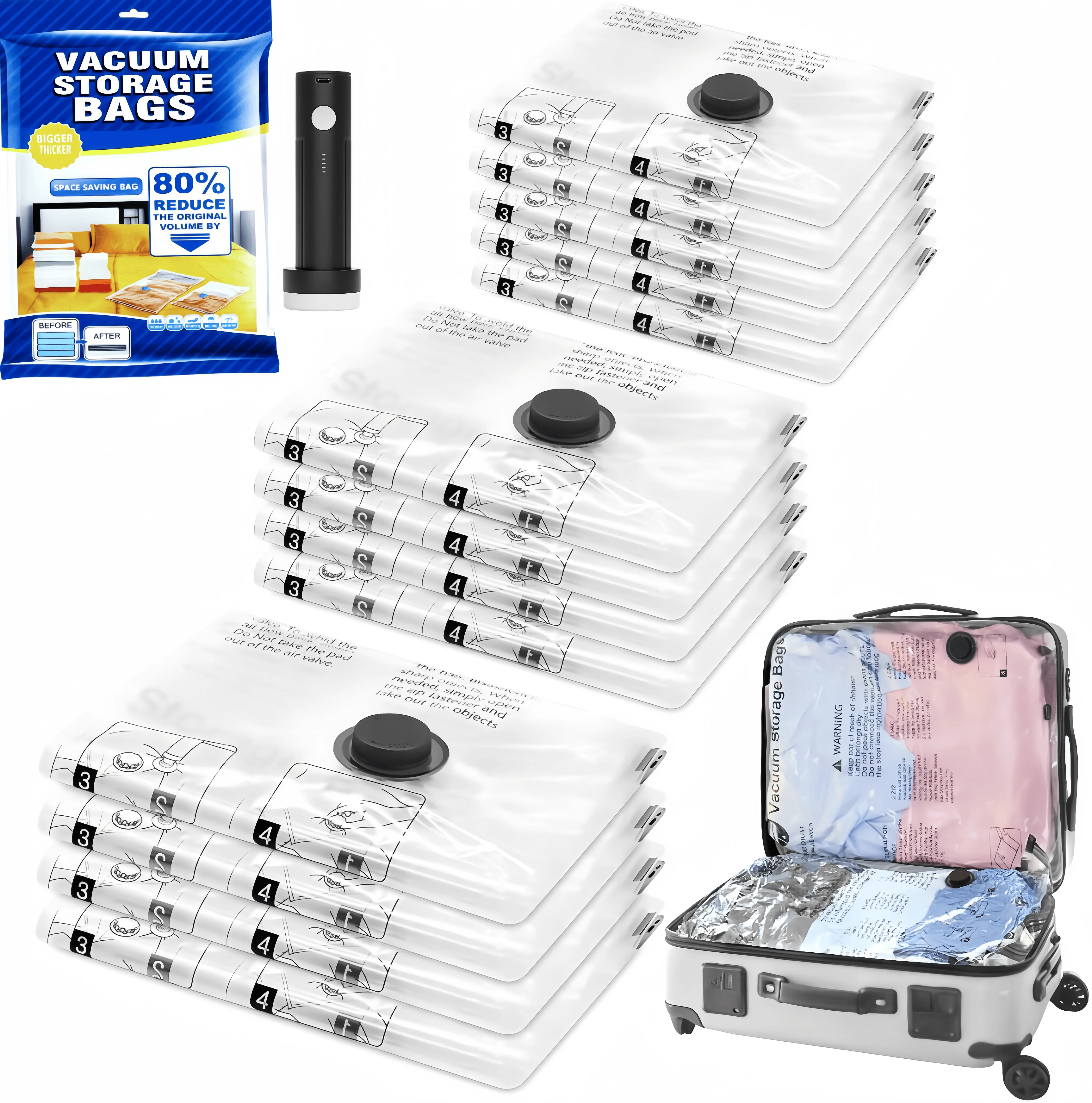Travel Vacuum Bags for Luggage with Portable Electric Pump 12 Combo 3XL/3L/3M/3S Packing Seal Bags for Clothing Suitcase Backpack Space Saver Compression Clothes Storage Bags with Rechargeable Wireless Electric Pump - Organiser