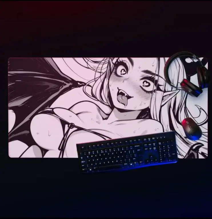 Waifu Deskmat 004 | Anime mousepad aesthetic | Manga girls black white anaglyph glitch glitchcore | XL gaming desk mat mouse pad | Kawaii