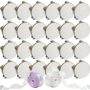 6 Inch Wedding Tambourines with Ribbon Sets,Wooden Tambourine Hand Percussion for Church Party and Adults,Drumhead can be DIY freely.（6 PCS/12 PCS/24 PCS)
