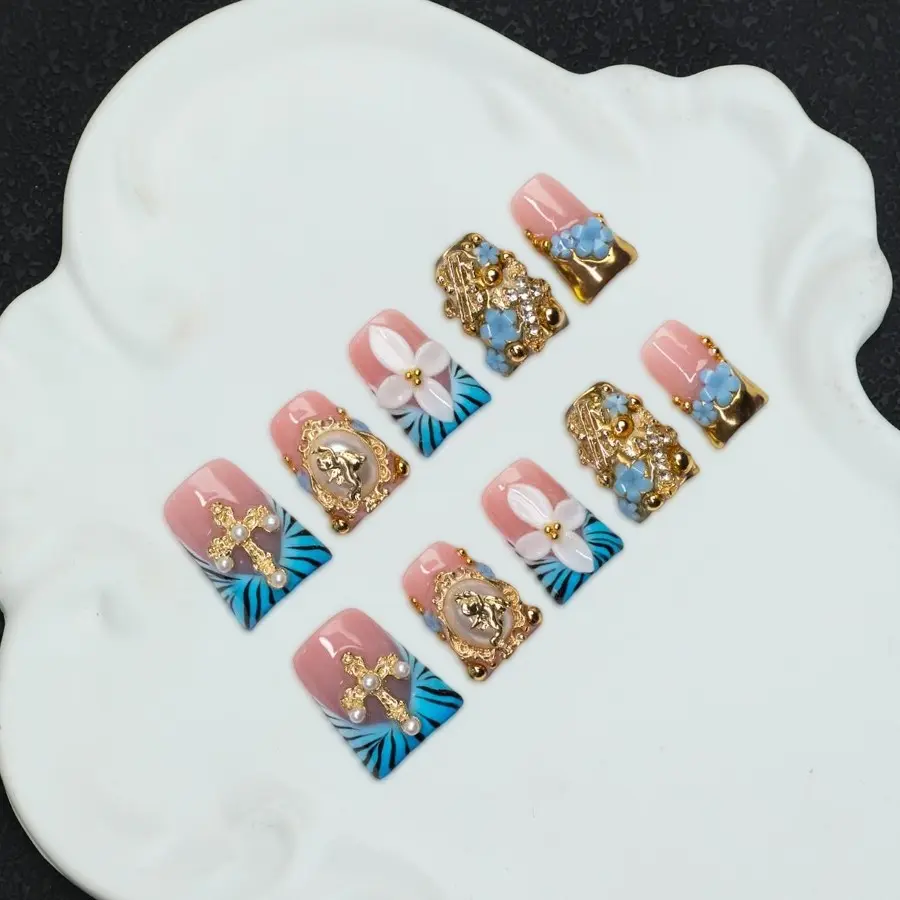 10 square handmade nail tips, acrylic nails, Y2K Baddie style, three-dimensional carving, gold beads, cross, hand drawn design, nail art patches, nail stickers, shiny nails, including tool kit, Nail Art Accessories, Nail Art Supplies