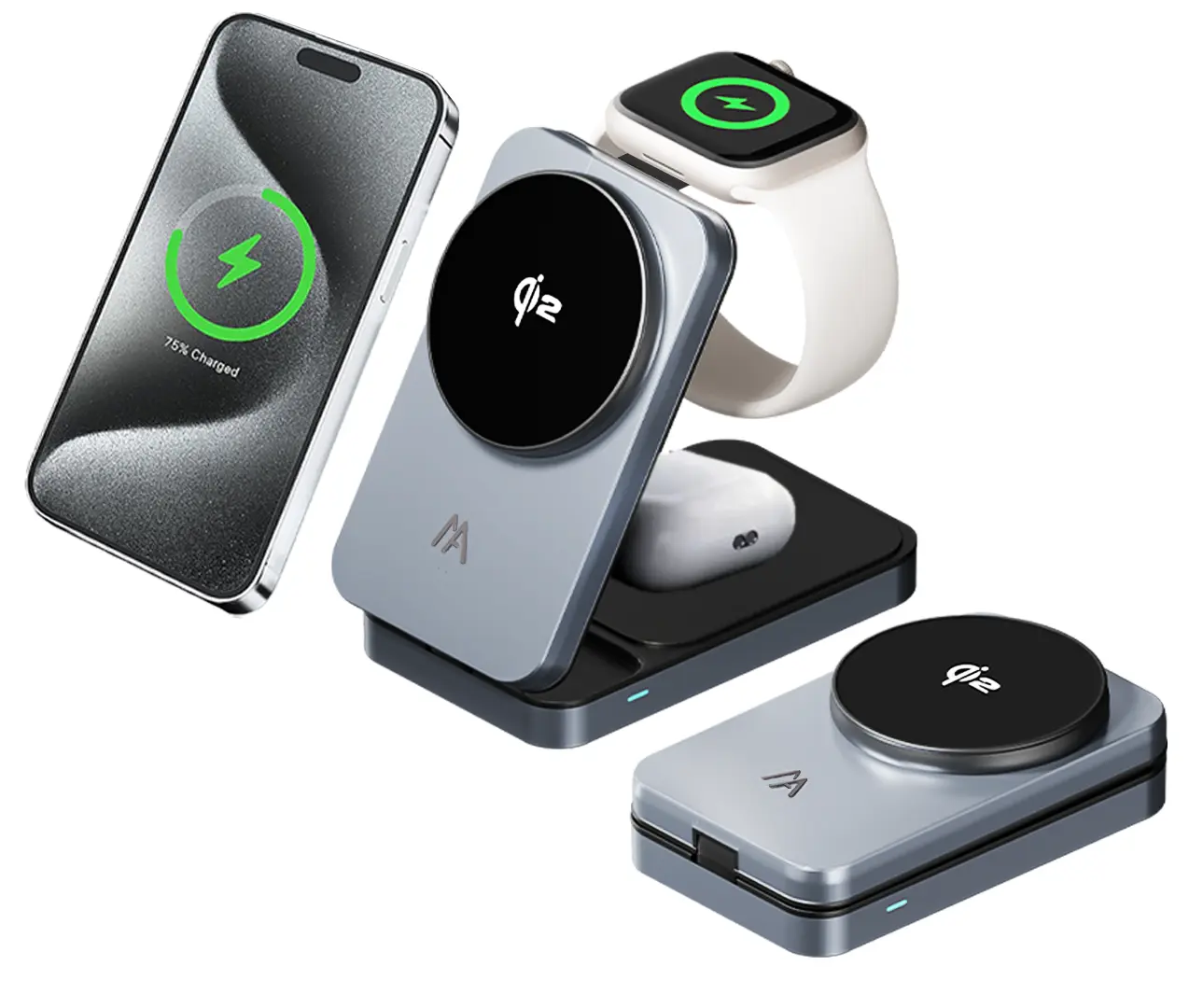 Mobily 3-in-1 Wireless Charger for Phone Travel Magnetic Charger Stand Nightlight Foldable Wireless Charging Station Compatible with Magsafe Charger for Your Phone 16/15/14/13/12, Watch & AirPods Smartphone Cellphone Folding Electronic