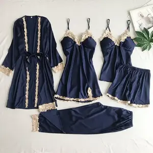 2025 New Silk Sexy Vest Pajama Set with Chest Pads, Gold Floral Five-Piece Thin Homewear Pajamas
