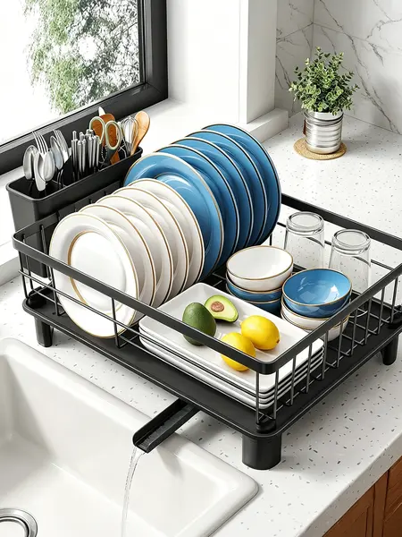 Stainless Steel Space-Saving Dish Drying Rack Organiser for Small Kitchen, Apartment Stuff - Compact Plate Drainer with Utensil Holder, Drainboard, Silicone & Plastic Kitchen Accessories, 11" W x 15" L, Flat Plates, 15" L × 11" W × 5.5" H