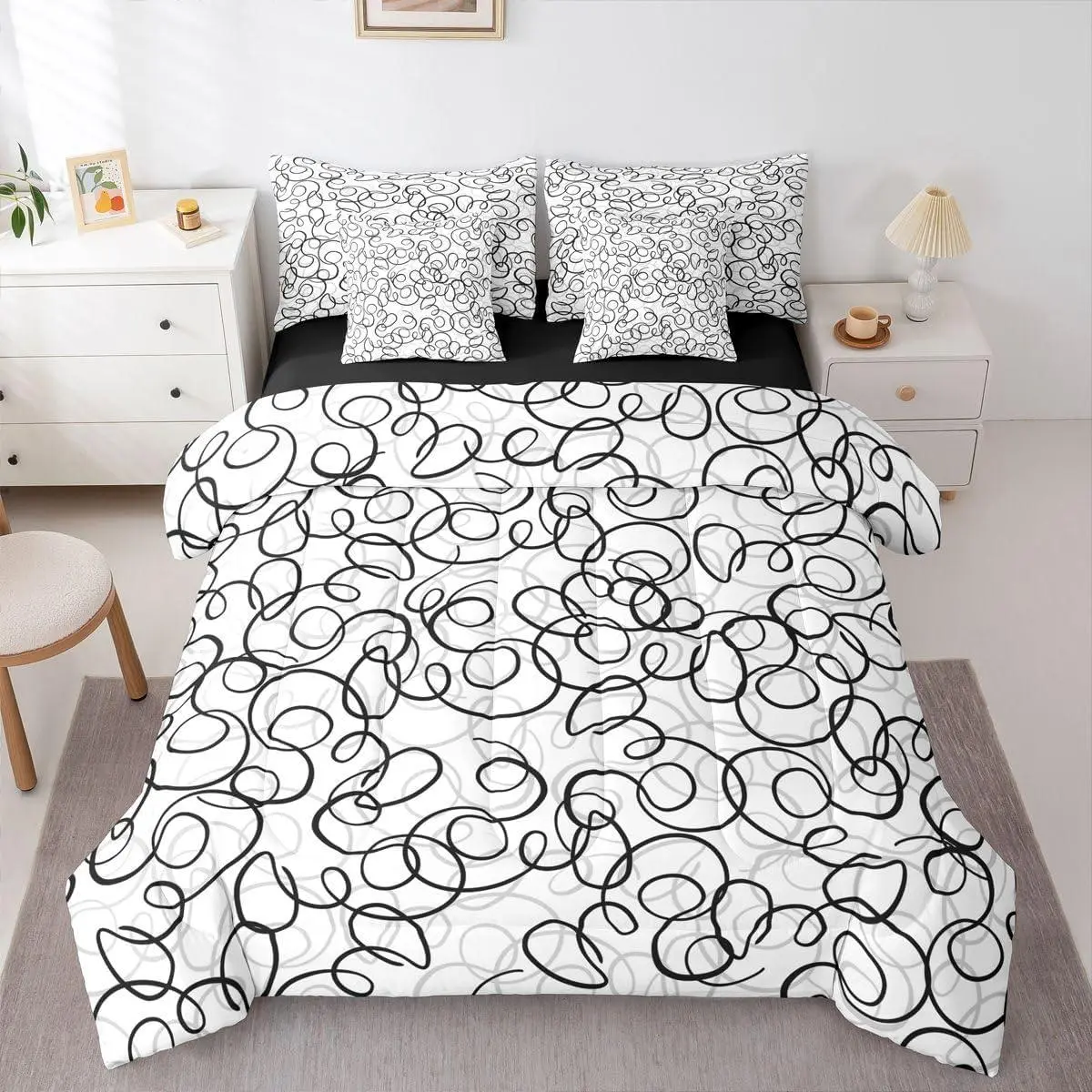 Geometric 7 Piece Comforter Set,Bed in A Bag Black Gray White Abstract Swirls Bedding Set for Boys Girls Modern Abstract Texture Bedroom Decor Contemporary Lines Aesthetic Sheet Set