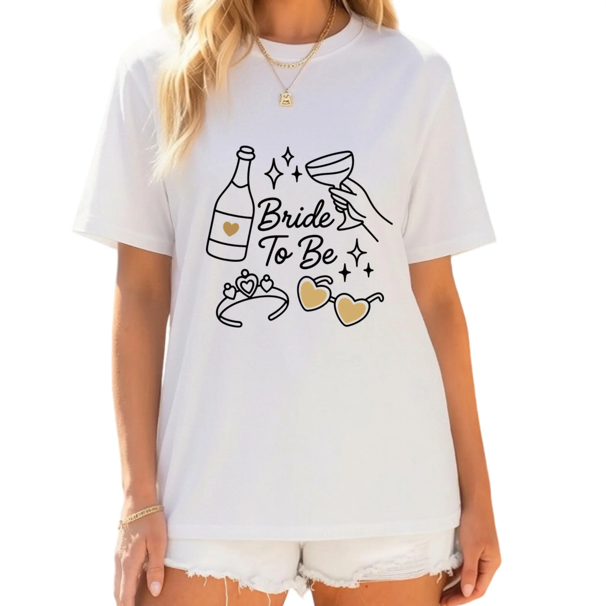 Bride To Be Champagne Glass T-Shirt - Casual Crew Neck Graphic Tee, Comfortable Short Sleeve Summer Top - Perfect For Bachelorette Party, Wedding Engagement, Bridal Shower Gift For Future Mrs, Bride And Wedding Party