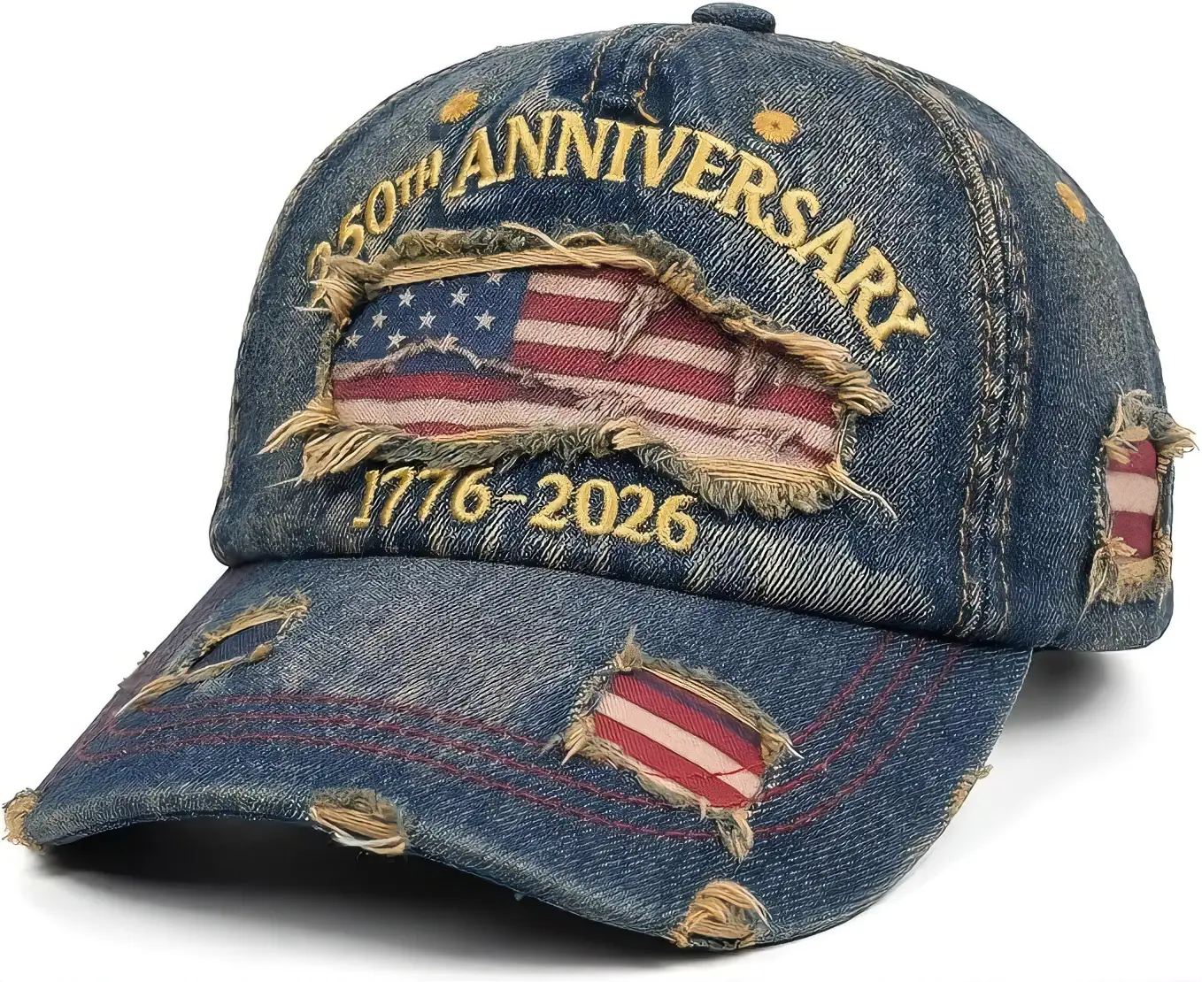 250th Anniversary 1776-2026 Denim Embroidery Baseball Cap with American Flag Design and Distressed Look