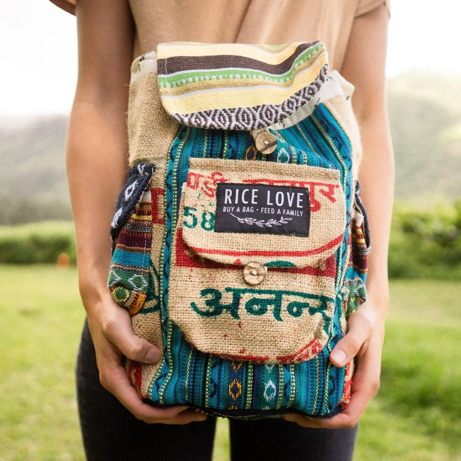 Rice Love Mini Unisex Recycled Burlap Drawstring Backpack - Adjustable Straps, 3 Exterior Pockets, Lightweight, Unique Look for Goa Travel, Varied Prints
