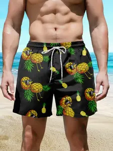 Men's Pineapple Print Beach Shorts, Loose-Fitting Casual Summer Pants, All over Print Natural Waist Clothing