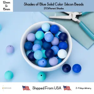 5pcs, Shades of Blue Solid Color Silicone Beads Round Silicone Beads