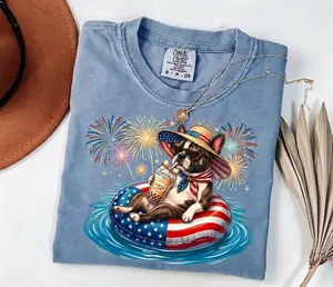 Comfort Colors 4th of July Frenchie Shirt - Vintage Patriotic American Flag Graphic Tee