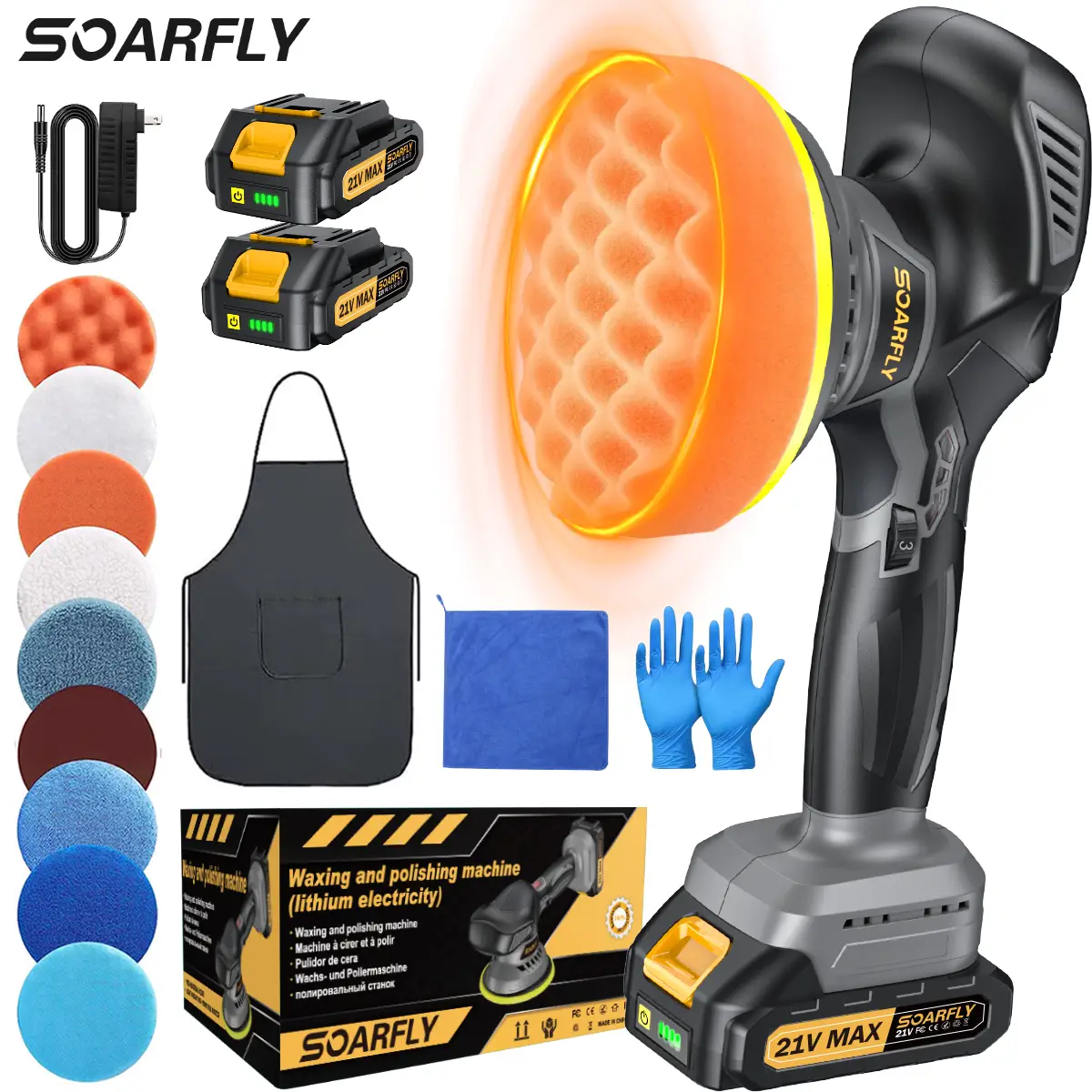 SOARFLY Car Buffer Polisher kit, 2 x 21V Batteries, 6 Variable Speed & Extra 14 Pcs, For Car Waxing, Buffer, Polishing Circular Power Tools