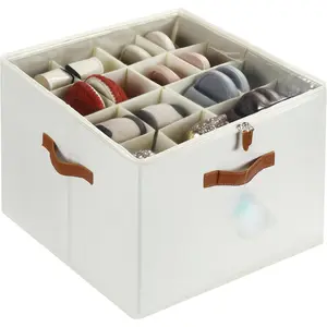 Large Shoe Storage Bin for Closet, Shoe Organizer Box Fits up to 16 Pairs, Collapsible Fabric Shoe Basket w/Clear Cover, Adjustable Dividers & Reinforced Handles, Off-White