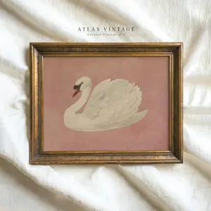 Vintage White Swan Print, Neutral Moody Bird Printable Wall Art, Farmhouse Pink Decor, Antique Swan Painting Art Prints