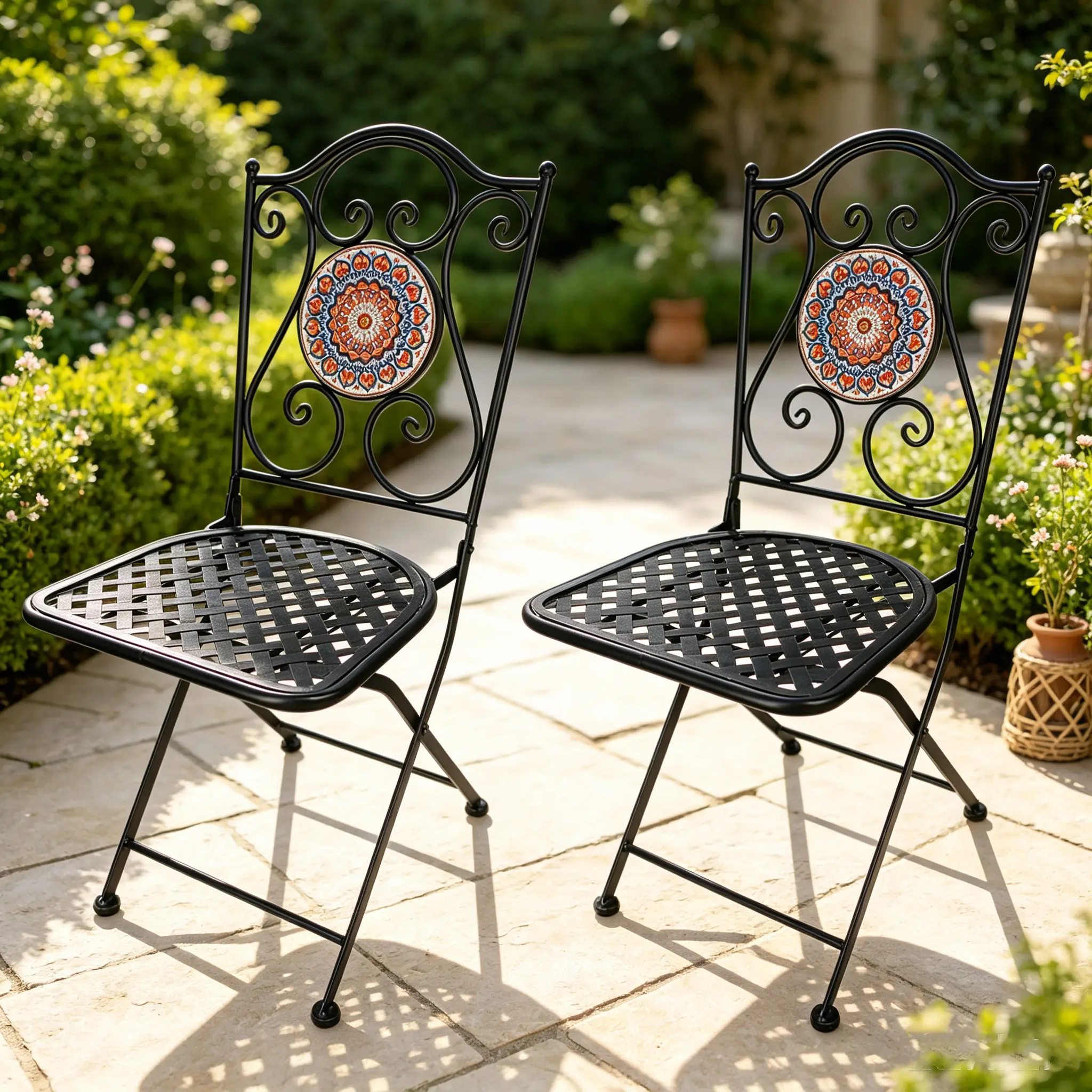 2-Piece Vintage Ceramic Tile Backrest Folding Chairs - Weatherproof Stainless Steel Dual-Purpose Outdoor Seating, Boho Classic for Backyard Porch (Home Improvement Garden Supplies)