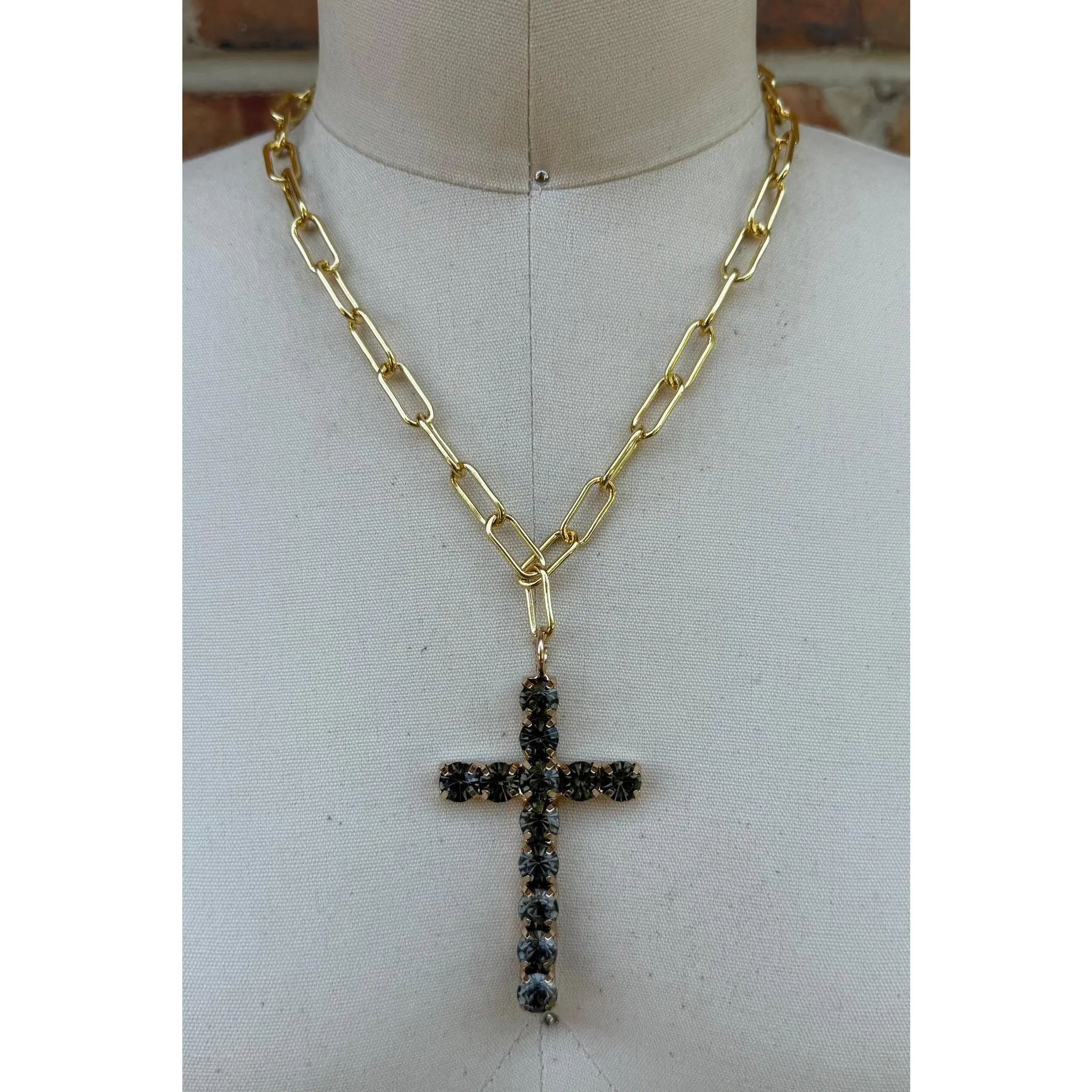 Cross Necklace in Dark Grey Gems