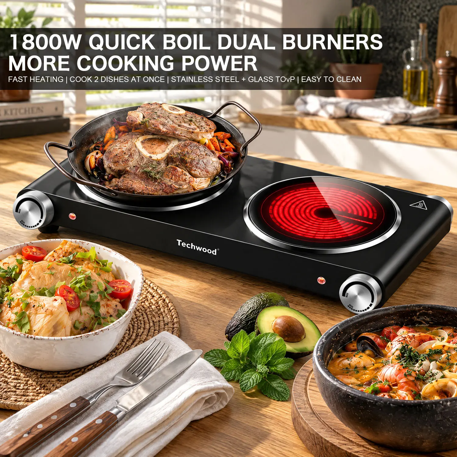 Techwood 1800W Portable Electric Double Burner Hot Plate, Infrared Countertop Stove with Dual Crystallite Glass Ceramic Cooktop, Brushed Stainless Steel Body, Easy Cleaning, Compact Design, US Plug