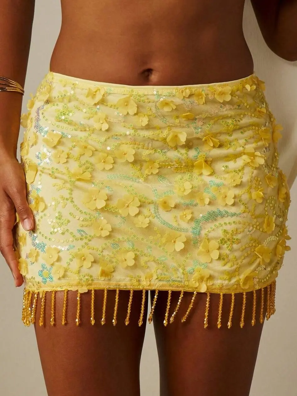 MISSGUIDED Sequin Embellished Mini Skirt With Floral Print And Fringe Hem Detail For Party Evening Occasion