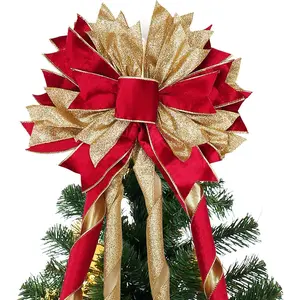 Red  Christmas Tree Topper, 40x13 Inches Toppers Bow with Glitter Satin Mesh Streamer and Patterned Ribbon, Christmas Tree Topper Bow for Christmas  Decoration