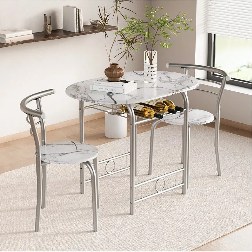 3-Piece Wooden Round Table & Chair Set, Space Saving Kitchen Breakfast Nook Wood Grain Tabletop With Metal Frame And Built-In Wine Rack For Kitchen, Dining Room